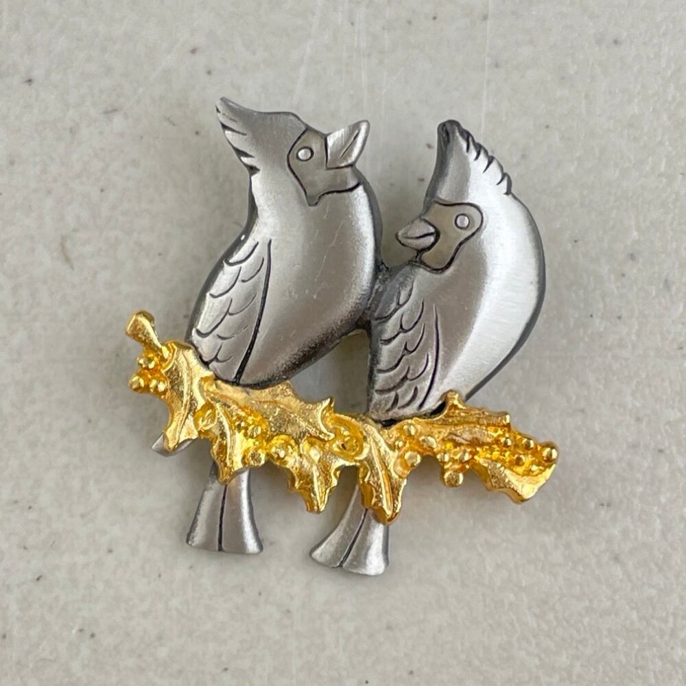 Vintage Pin Birds on Branch Brooch Cardinals Holly Two Tone Pewter Signed 1980s
